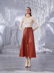 SHEIN Button Front Belted PU Leather Skirt - Rust Brown - View 7