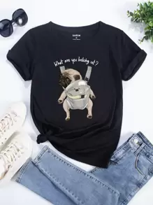 SHEIN EZwear Áo thun nữ Thú vật Slogan Giải trí - màu đen - Xem 1