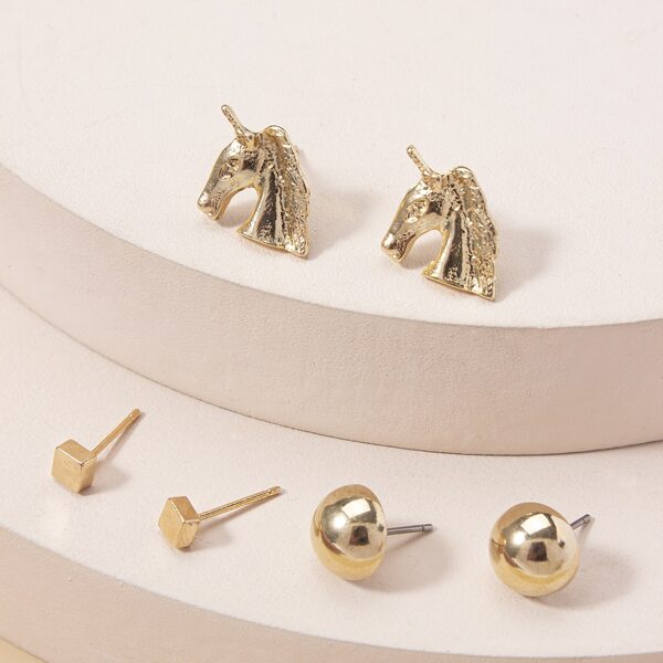 

3pairs Geo Decor Stud Earrings, Gold