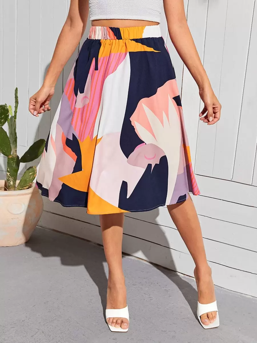 SHEIN Privé Allover Print Elastic Waist Skirt - Multicolor - View 1