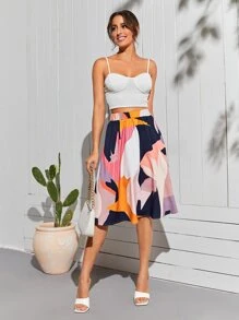 SHEIN Privé Allover Print Elastic Waist Skirt - Multicolor - View 5