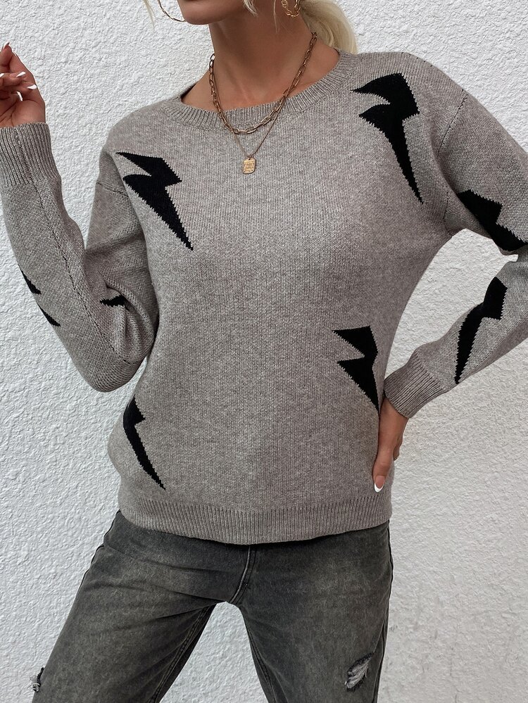 Maglione girocollo lavorato a maglia con motivo a fulmine, autunno/inverno