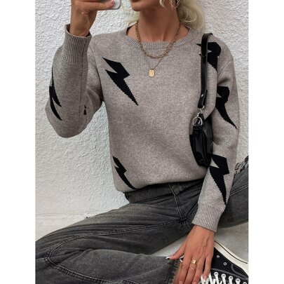 Shein Femei Gri Pulover Cu Decolteu Rotund Cu Model Fulger