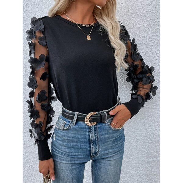 

Butterfly Appliques Contrast Mesh Sleeve Tee, Black