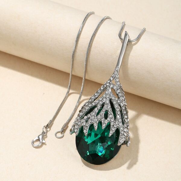 

Rhinestone Water Drop Charm Necklace, Green
