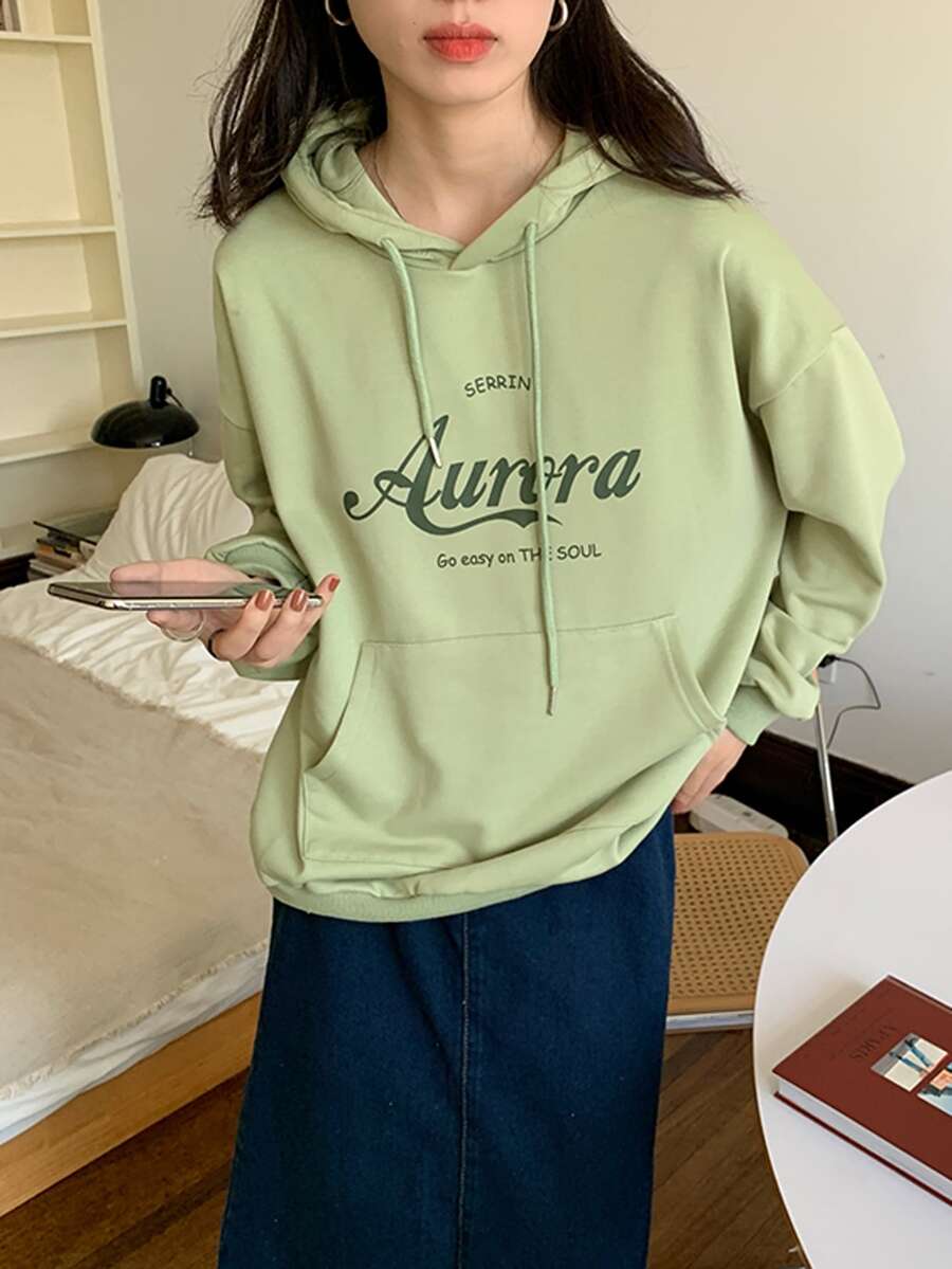Hoodie lớn Đồ họa Chữ cái Thả vai - Màu xanh chanh - Xem 1