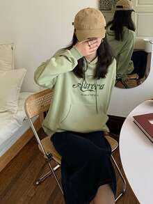 Hoodie lớn Đồ họa Chữ cái Thả vai - Màu xanh chanh - Xem 2
