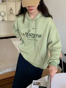 Hoodie lớn Đồ họa Chữ cái Thả vai - Màu xanh chanh - Xem 3