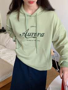 Hoodie lớn Đồ họa Chữ cái Thả vai - Màu xanh chanh - Xem 4