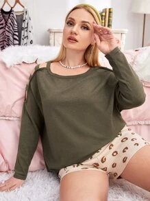 SHEIN Unity 大碼梯狀鏤空套頭毛衣 - 軍綠色 - 查看 1