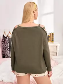 SHEIN Unity 大碼梯狀鏤空套頭毛衣 - 軍綠色 - 查看 2