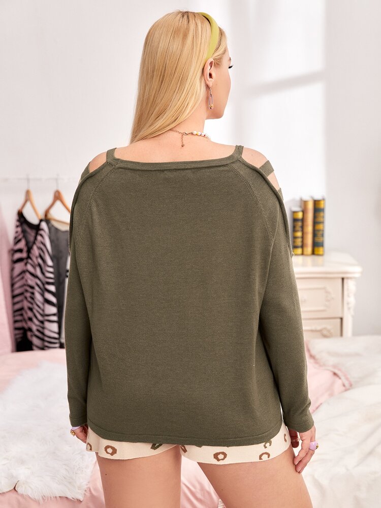 SHEIN Unity 大碼梯狀鏤空套頭毛衣 - 軍綠色 - 查看 2