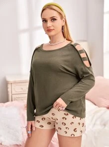 SHEIN Unity 大碼梯狀鏤空套頭毛衣 - 軍綠色 - 查看 3