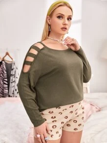 SHEIN Unity 大碼梯狀鏤空套頭毛衣 - 軍綠色 - 查看 4