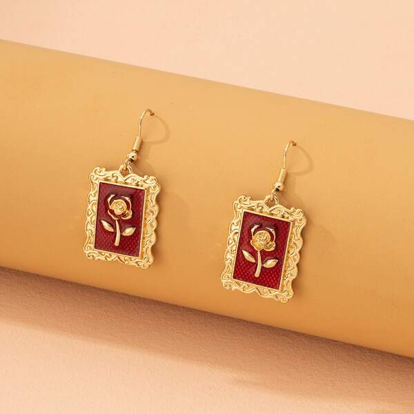 

Flower Decor Drop Earrings, Red