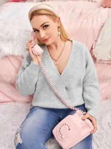 SHEIN EZwear Áo len Plus Size Trọn gói Gân đan màu trơn Giải trí - Màu Xám nhạt - Xem 1