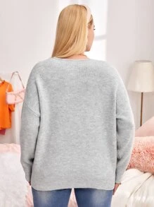 SHEIN EZwear Áo len Plus Size Trọn gói Gân đan màu trơn Giải trí - Màu Xám nhạt - Xem 2