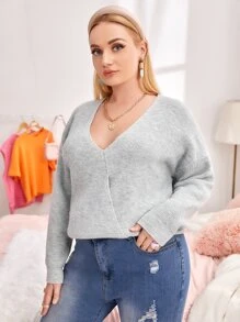 SHEIN EZwear Áo len Plus Size Trọn gói Gân đan màu trơn Giải trí - Màu Xám nhạt - Xem 3