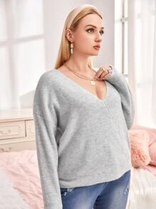 SHEIN EZwear Áo len Plus Size Trọn gói Gân đan màu trơn Giải trí - Màu Xám nhạt - Xem 4