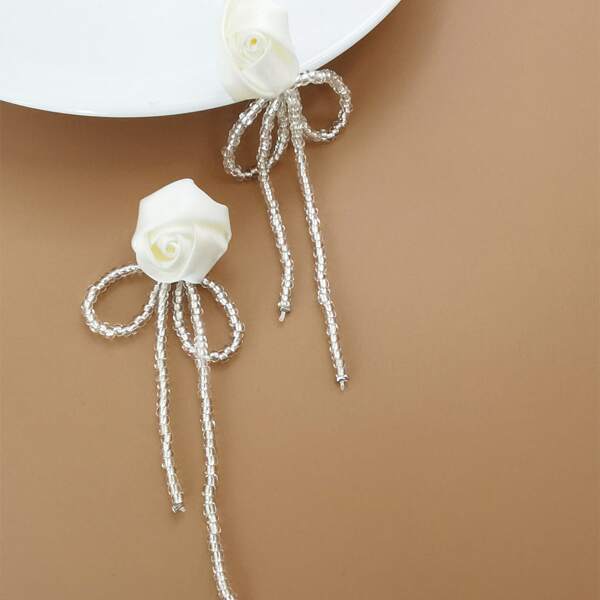 

Flower Decor Drop Earrings, Beige