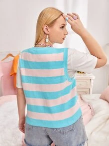 SHEIN Qutie 大碼條紋圖案毛衣背心 - 彩色 - 查看 2