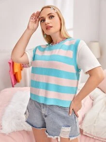 SHEIN Qutie 大碼條紋圖案毛衣背心 - 彩色 - 查看 5