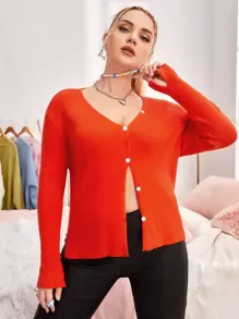 SHEIN Cárdigan de hombros caídos tejido de canalé - Naranja - Ver 1