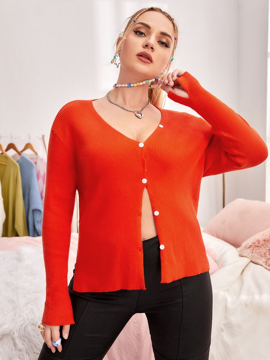 SHEIN Cárdigan de hombros caídos tejido de canalé - Naranja - Ver 1