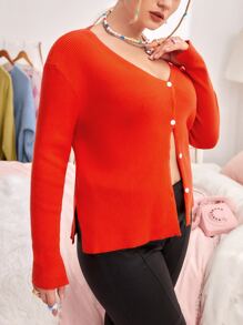 SHEIN Cárdigan de hombros caídos tejido de canalé - Naranja - Ver 3