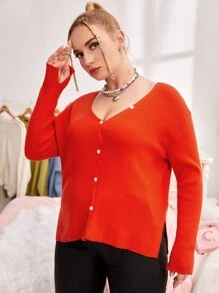 SHEIN Cárdigan de hombros caídos tejido de canalé - Naranja - Ver 5