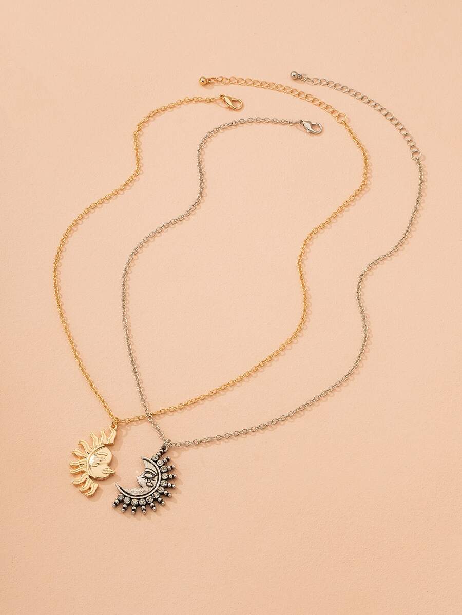 2pcs Sun & Moon Charm Necklace - Multicolor - View 1