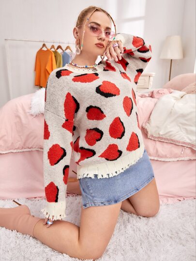 SHEIN EZwear Plus Graphic Pattern Drop Shoulder Distressed Sweater