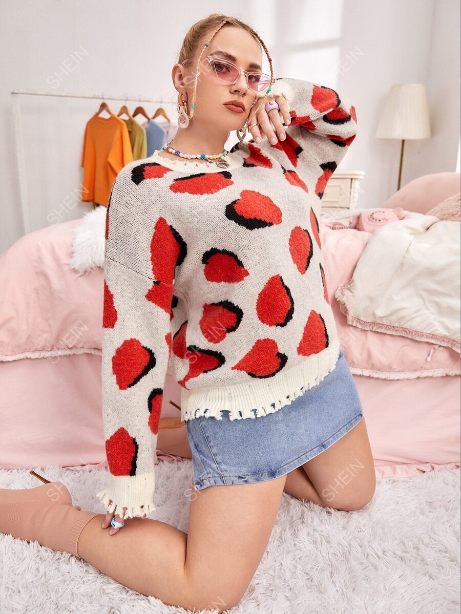 SHEIN EZwear Suéter roto con patrón de dibujo de hombros caídos - Multicolor - Ver 1