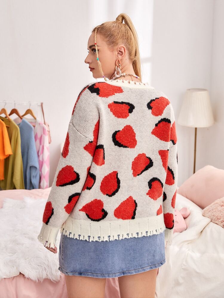 Plus Graphic Pattern Drop Shoulder Distressed Sweater