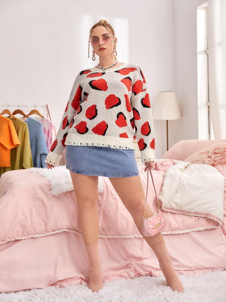 Plus Graphic Pattern Drop Shoulder Distressed Sweater