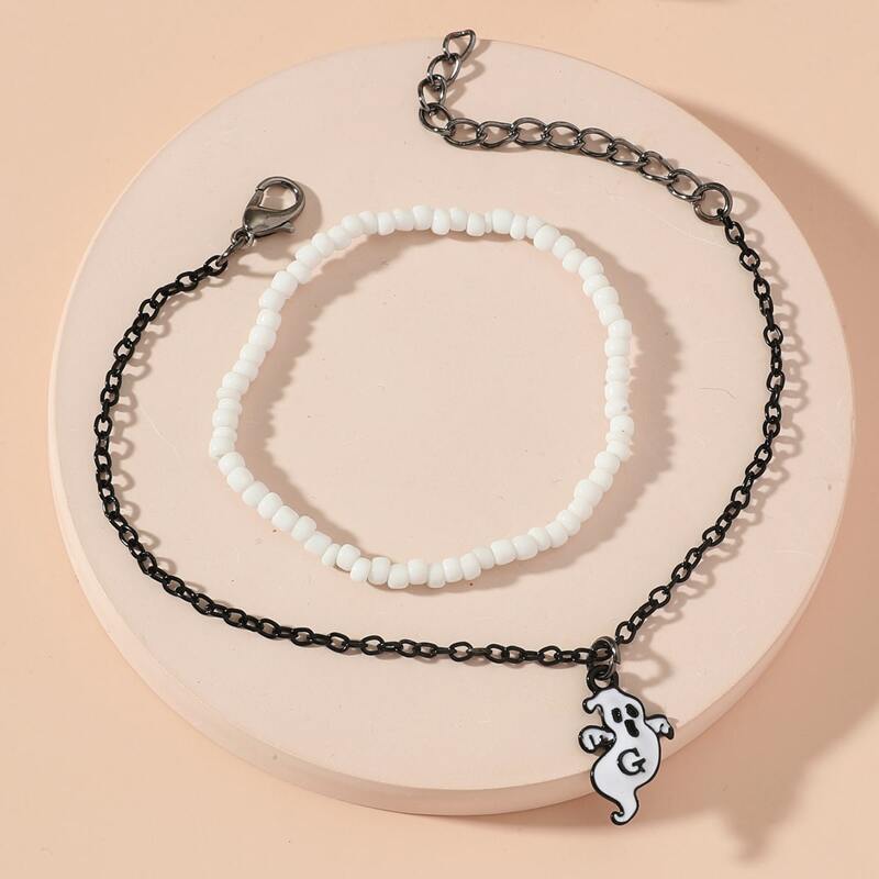 

2pcs Ghost Decor Chain Bracelet, Black and white