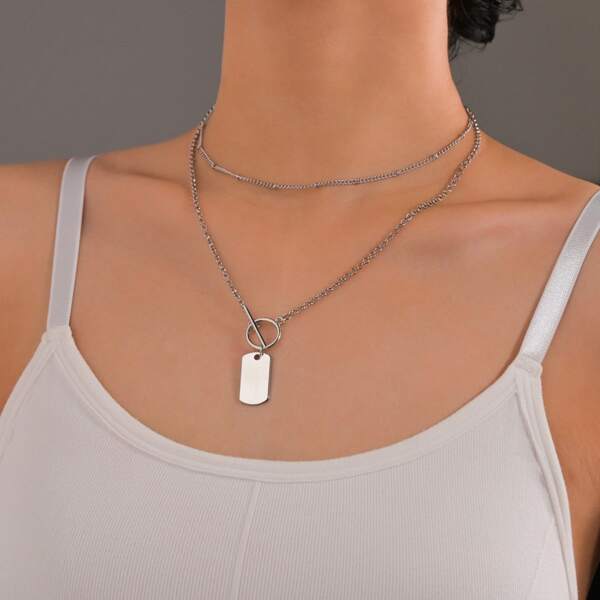 

2pcs Geometric Charm Necklace, Silver