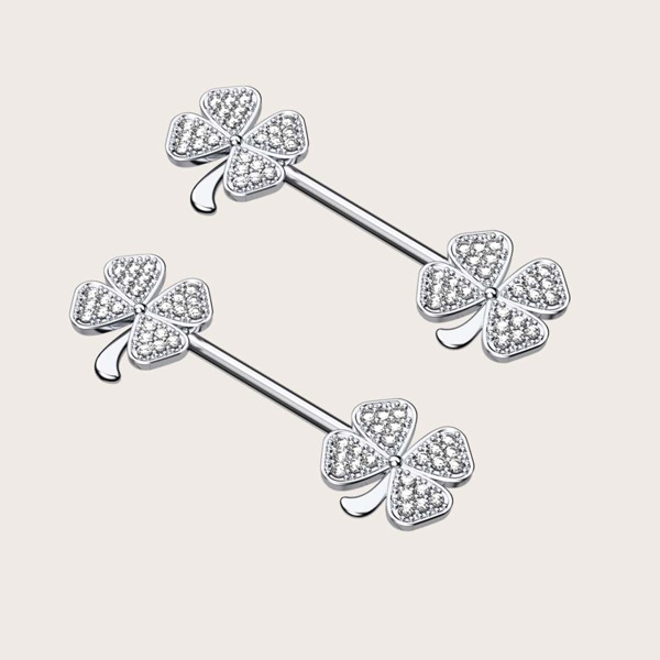 

2pcs Rhinestone Four Leaf Clover Decor Nipple Ring, Silver