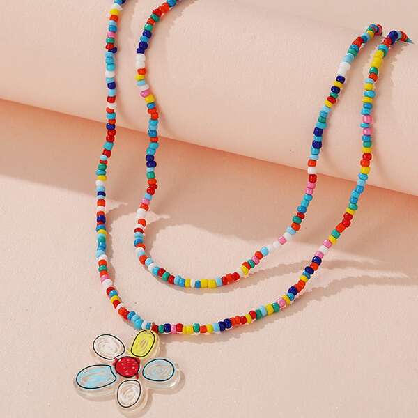 

Flower Charm Beaded Layered Necklace, Multicolor