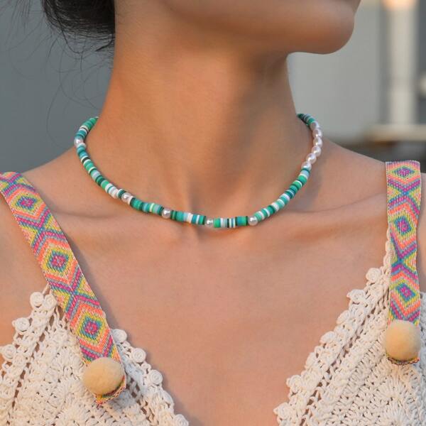 

Faux Pearl Detail Beaded Necklace, Multicolor