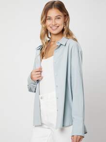 SHEIN 超大襯衫萊賽爾面料 - 淺藍色 - 查看 7
