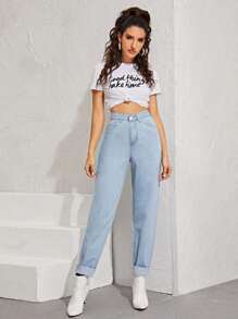 SHEIN Bleach Wash High-Rise Boyfriend Jeans - Light Wash - View 3