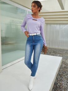 SHEIN Unity Top con nudo delantero tejido de canalé - Lila Púrpura - Ver 4