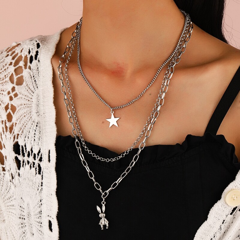 

3pcs Rabbit Decor Chain Necklace, Antique silver