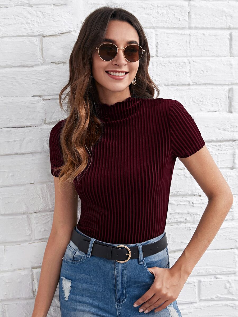 SHEIN Clasi Lettuce Trim Mock Neck Velvet Tee - Burgundy - View 1