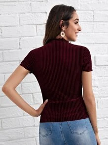 SHEIN Clasi Lettuce Trim Mock Neck Velvet Tee - Burgundy - View 2