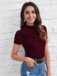 SHEIN Clasi Lettuce Trim Mock Neck Velvet Tee - Burgundy - View 3