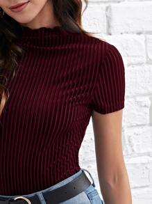 SHEIN Clasi Lettuce Trim Mock Neck Velvet Tee - Burgundy - View 4