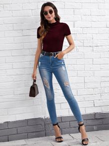 SHEIN Clasi Lettuce Trim Mock Neck Velvet Tee - Burgundy - View 5