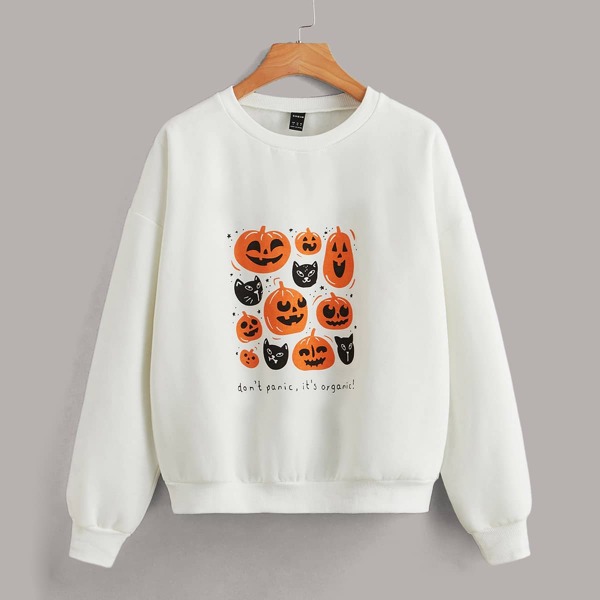 

Halloween Print Drop Shoulder Sweatshirt, White